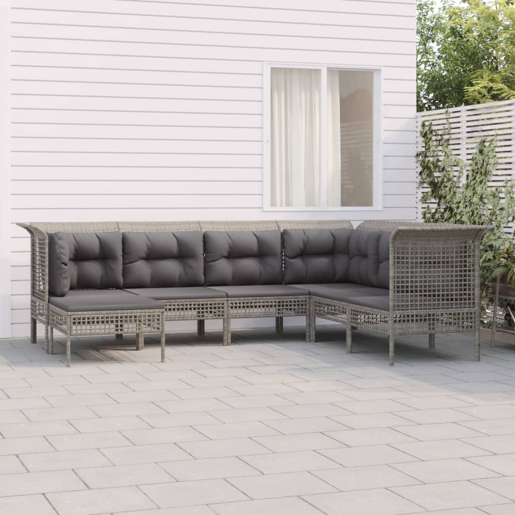 7-Delige Loungeset Met Kussens Poly Rattan Grijs 1 3x hoek + 3x midden + voetensteun