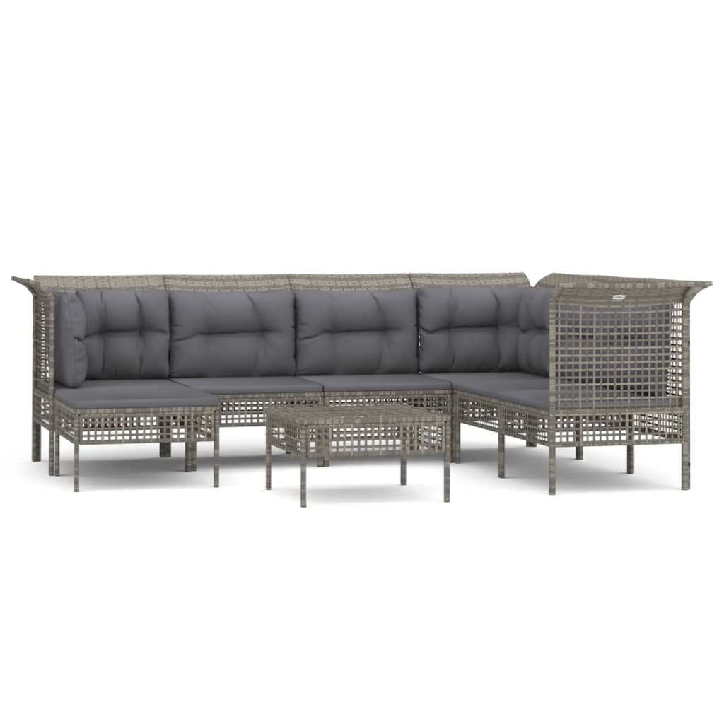 8-Delige Loungeset Met Kussens Poly Rattan Grijs 1 3x hoek + 3x midden + 2x voetensteun