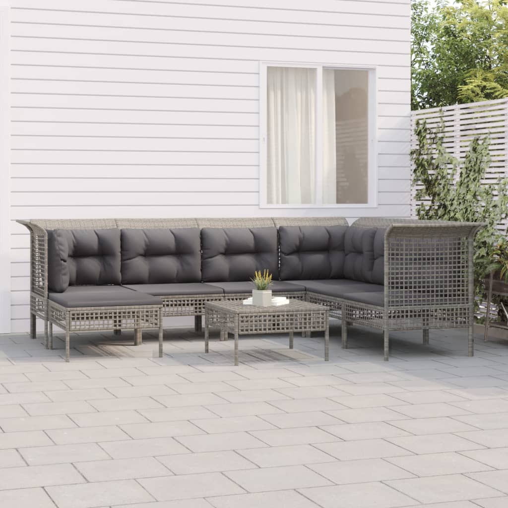 8-Delige Loungeset Met Kussens Poly Rattan Grijs 1 3x hoek + 3x midden + 2x voetensteun