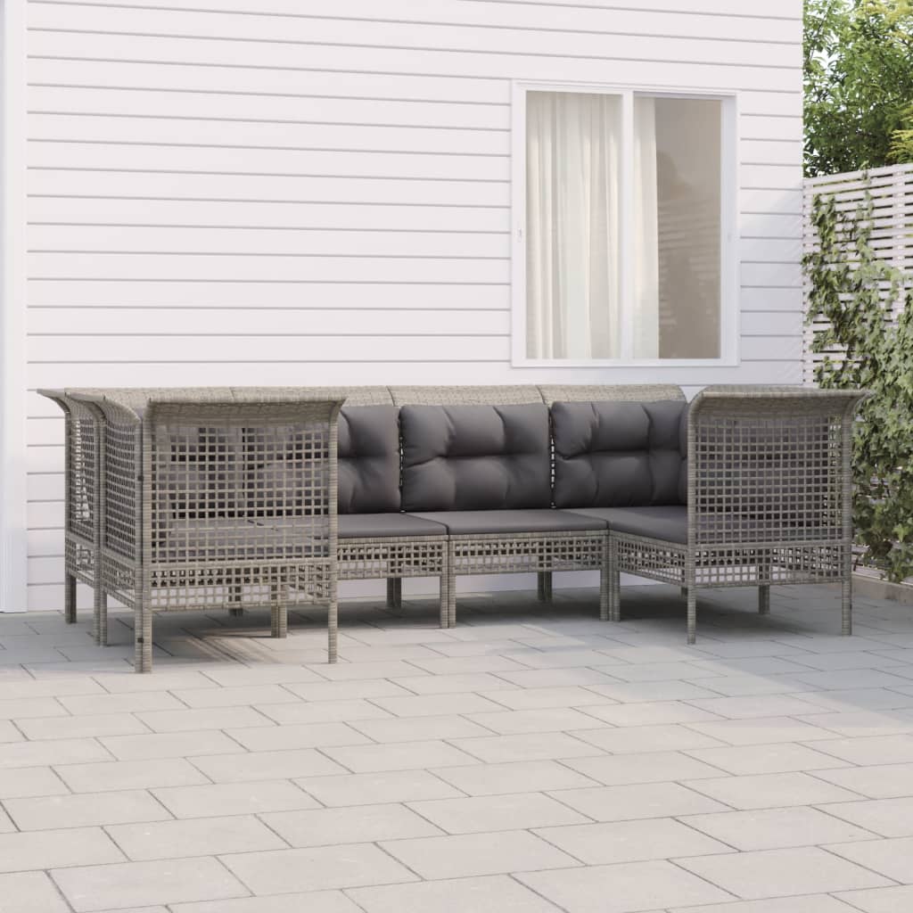 6-Delige Loungeset Met Kussens Poly Rattan Grijs 1 4x hoek + 2x midden