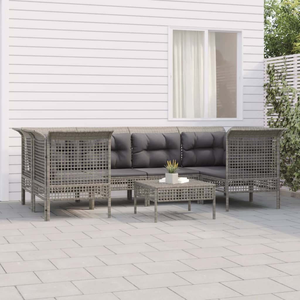 7-Delige Loungeset Met Kussens Poly Rattan Grijs 1 4x corner + 2x middle + footrest