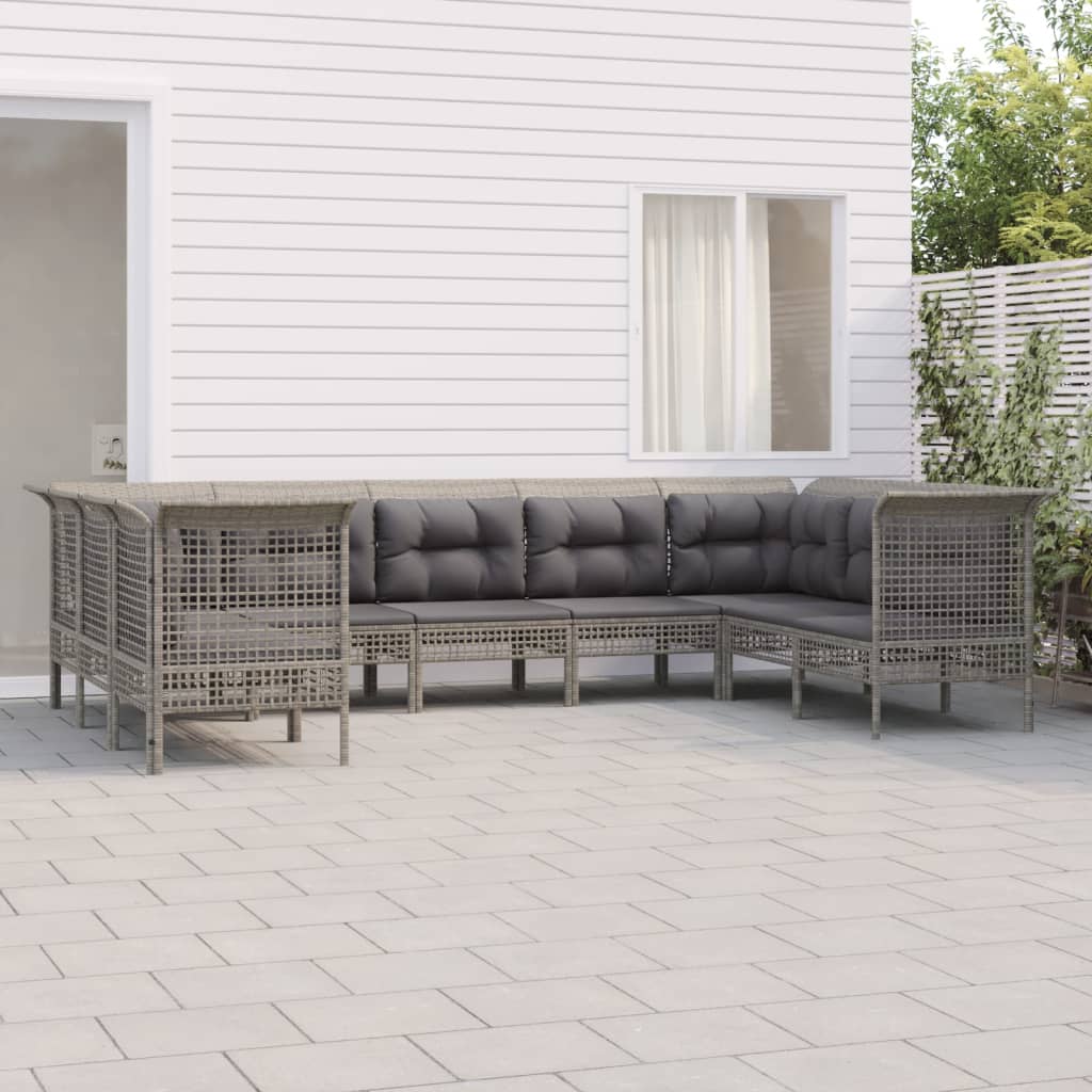 9-Delige Loungeset Met Kussens Poly Rattan Grijs 1 4x hoek + 4x midden + voetensteun