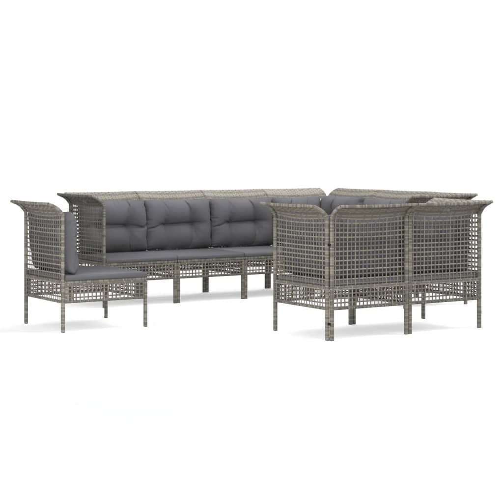 9-Delige Loungeset Met Kussens Poly Rattan Grijs 1 5x hoek + 4x midden