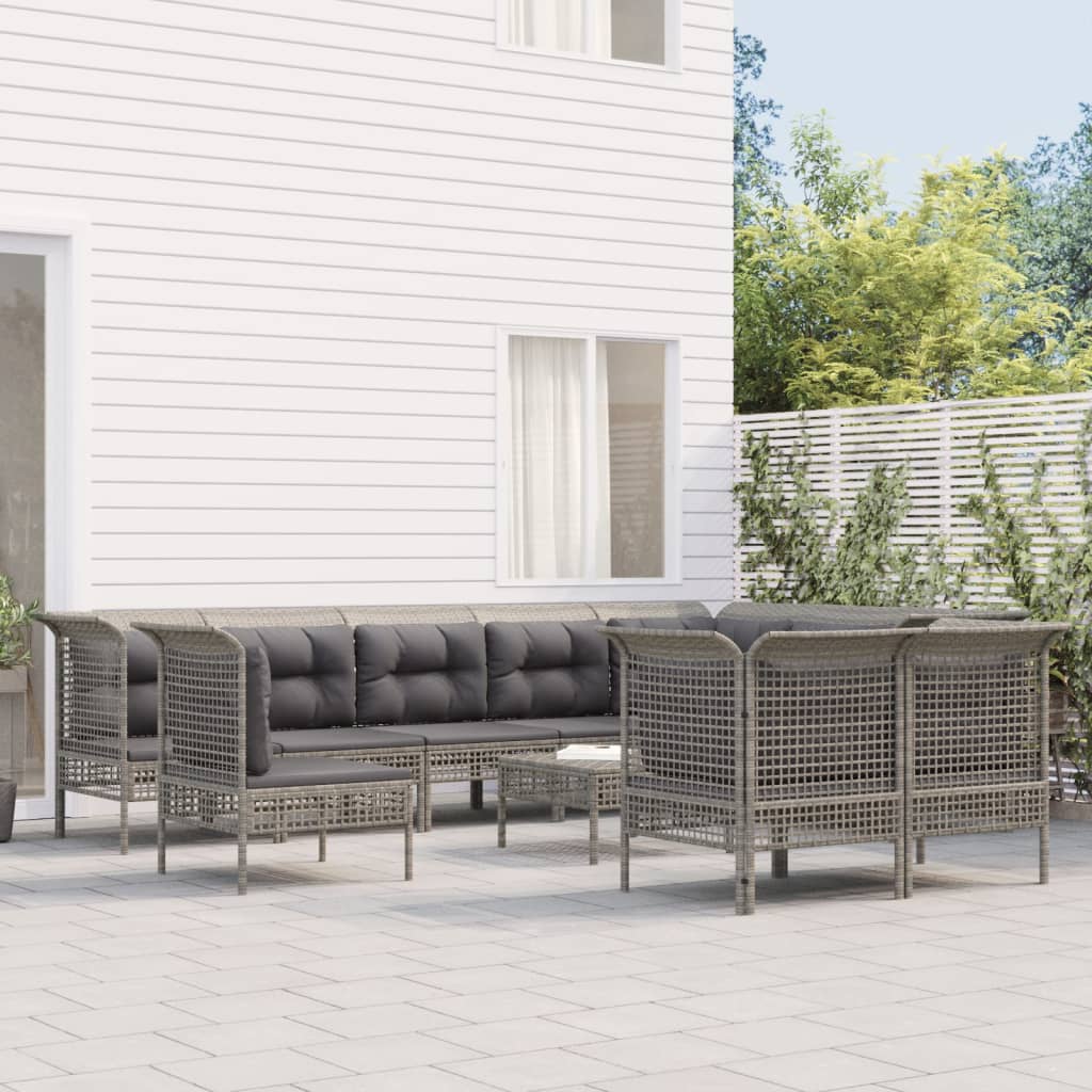 11-Delige Loungeset Met Kussens Poly Rattan Grijs 5x corner + 5x middle + footrest