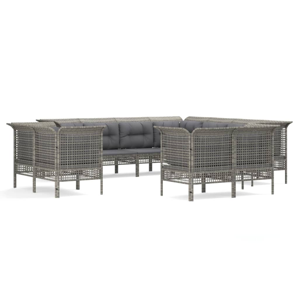 11-Delige Loungeset Met Kussens Poly Rattan Grijs 7x hoek + 4x midden