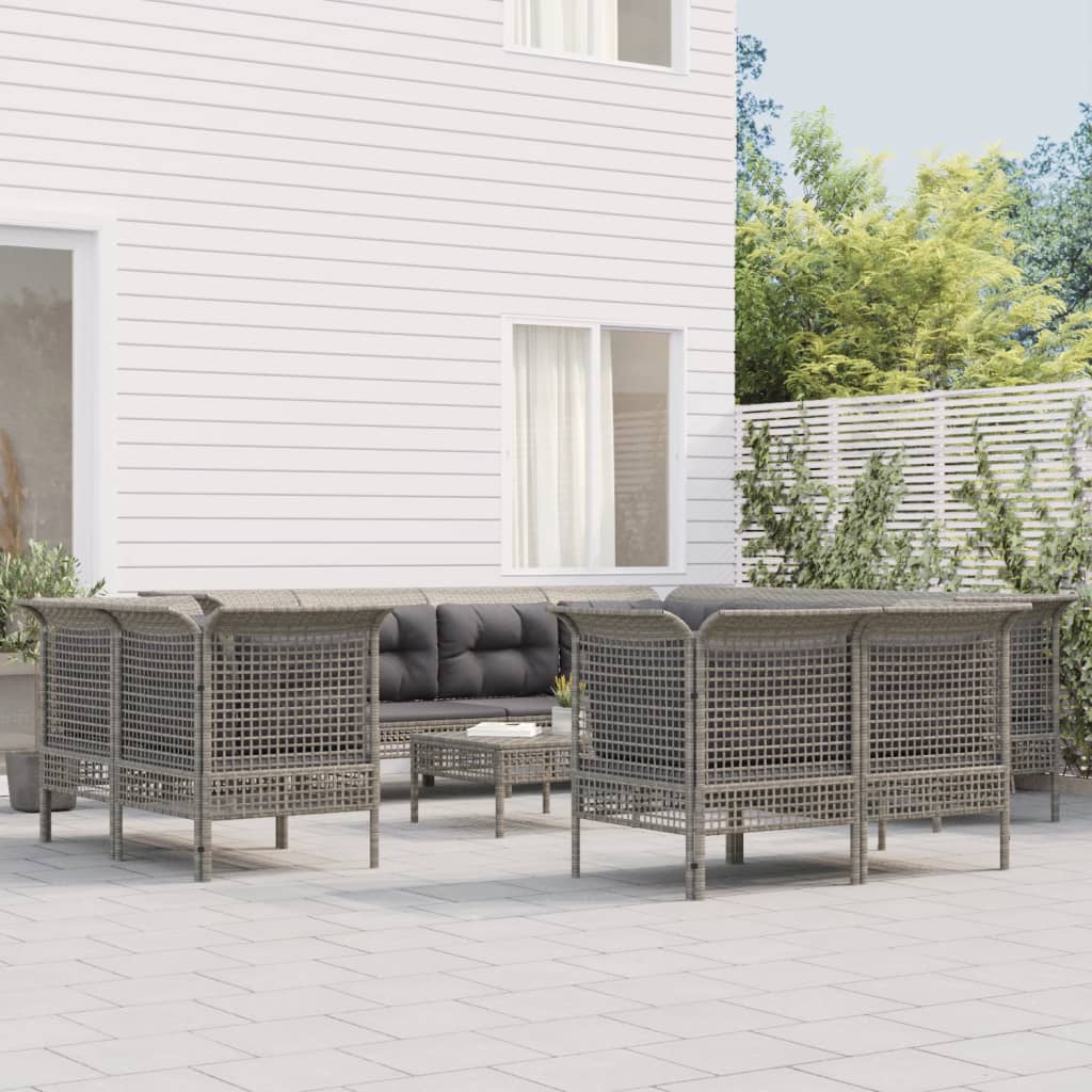 11-Delige Loungeset Met Kussens Poly Rattan Grijs 7x hoek + 4x midden