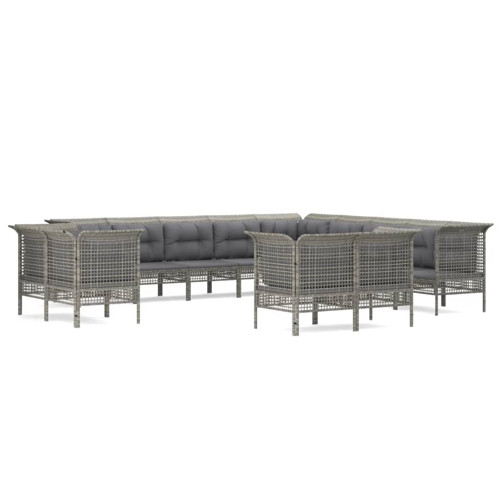 13-Delige Loungeset Met Kussens Poly Rattan Grijs 7x hoek + 6x midden