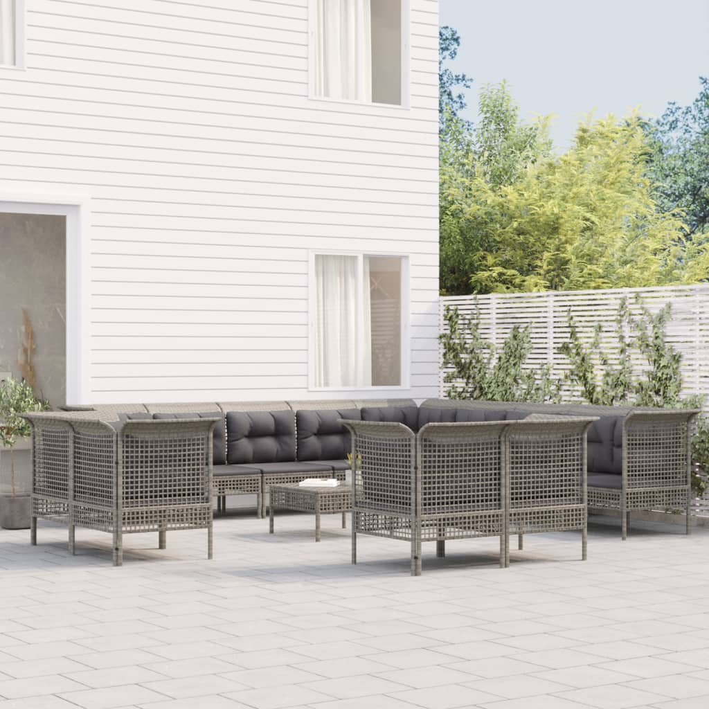 13-Delige Loungeset Met Kussens Poly Rattan Grijs 7x hoek + 6x midden