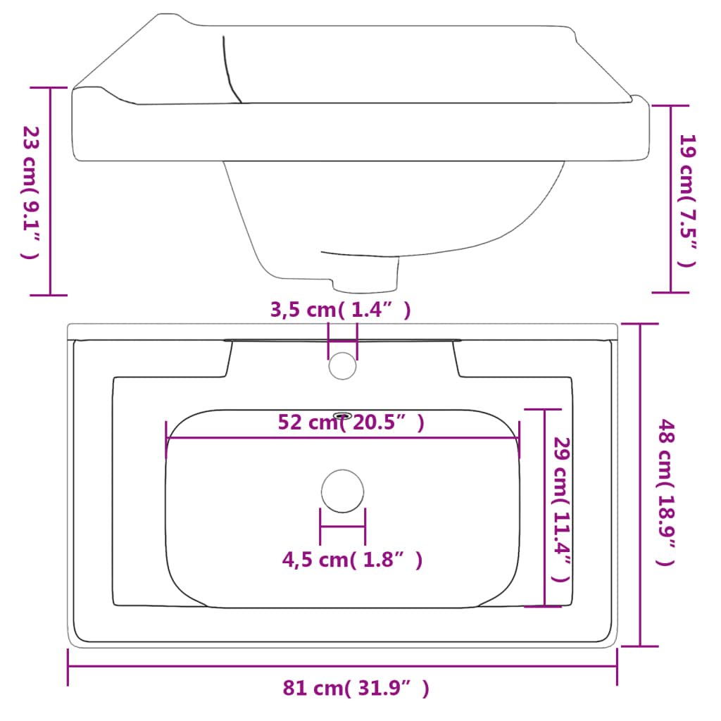 Wastafel Rechthoekig Keramiek Wit 81 x 48 x 23 cm