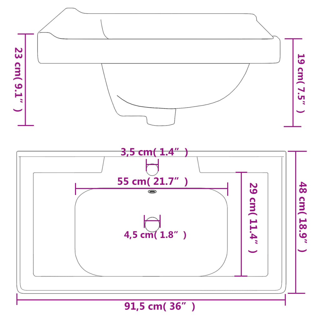 Wastafel Rechthoekig 91,5X48X23 Cm Keramiek Wit 91.5 x 48 x 23 cm