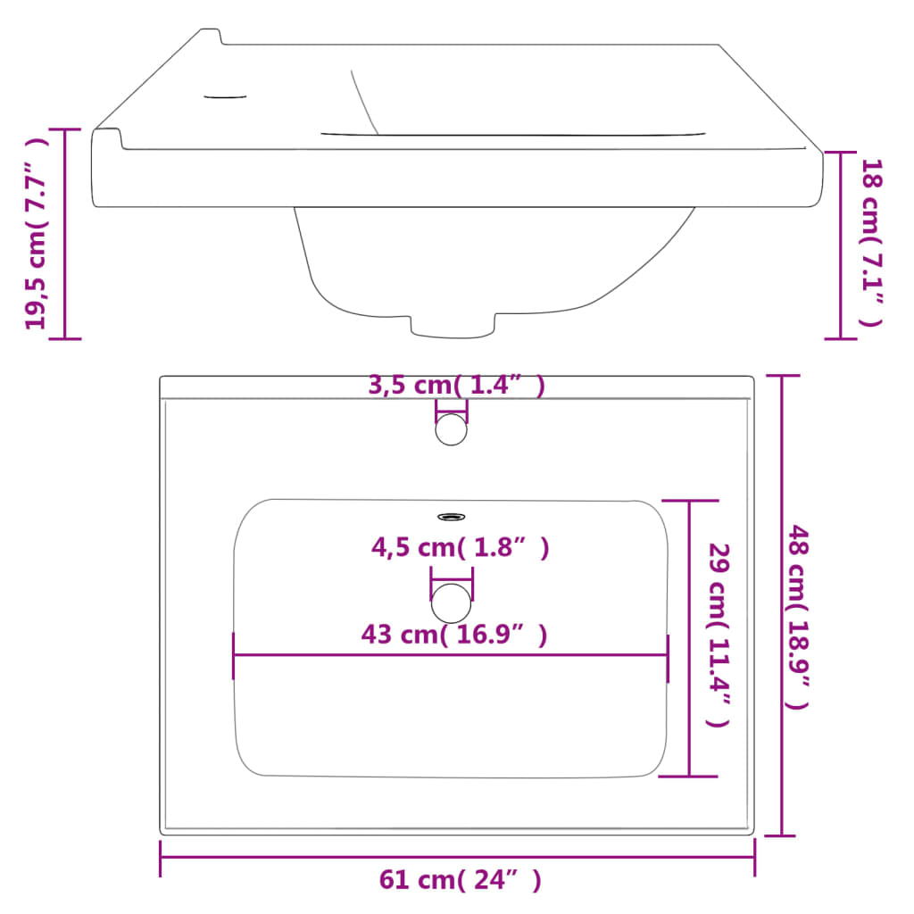 Wastafel Rechthoekig 61X48X19,5 Cm Keramiek Wit 61 x 48 x 19.5 cm