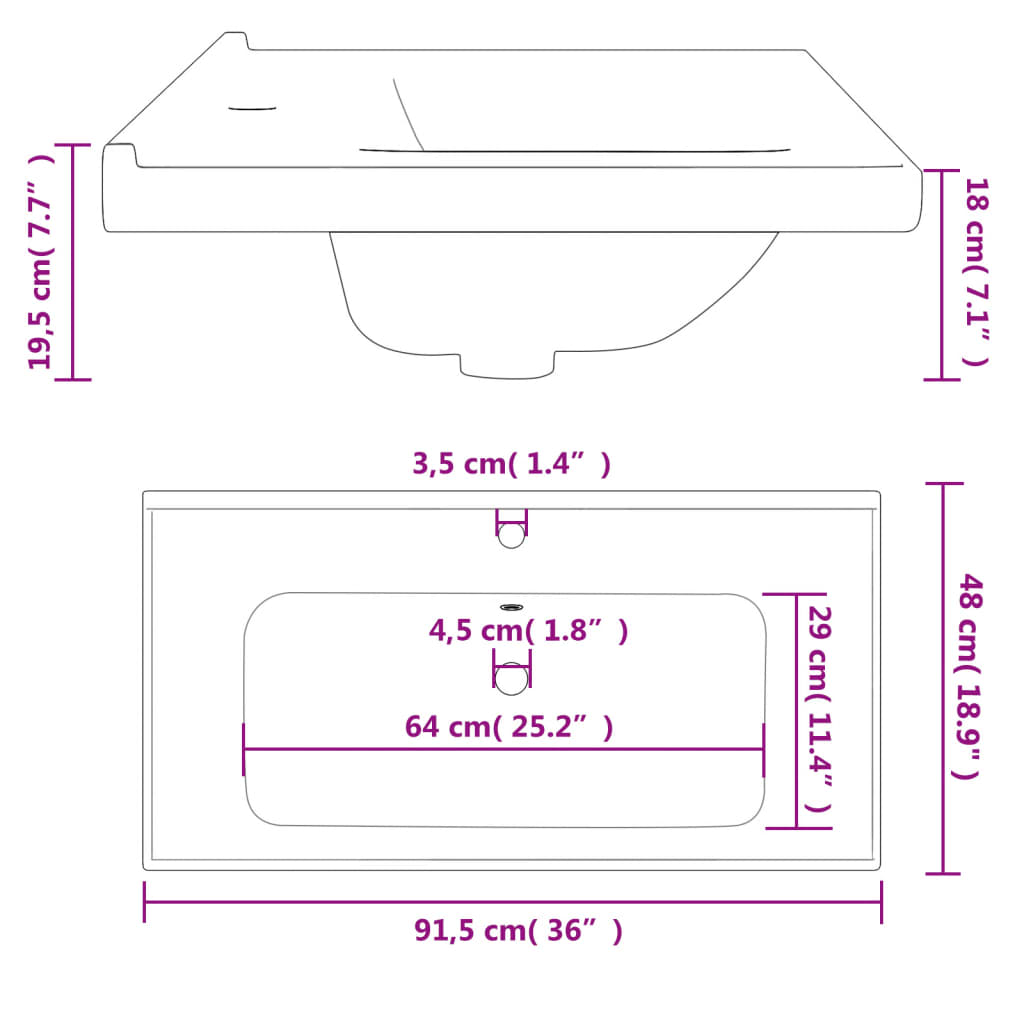 Wastafel Rechthoekig 91,5X48X19,5 Cm Keramiek Wit 91.5 x 48 x 19.5 cm