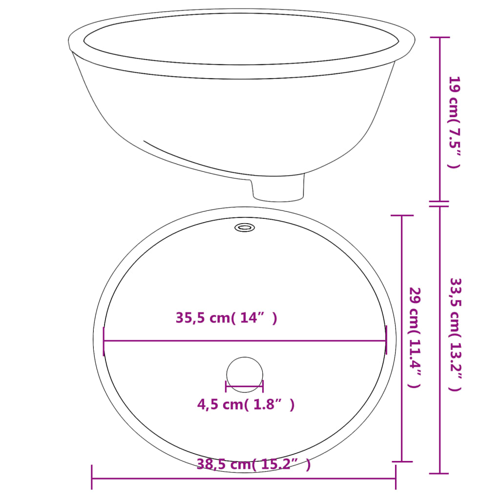 Wastafel Ovaal 38,5X33,5X19 Cm Keramiek Wit 38.5 x 33.5 x 19 cm