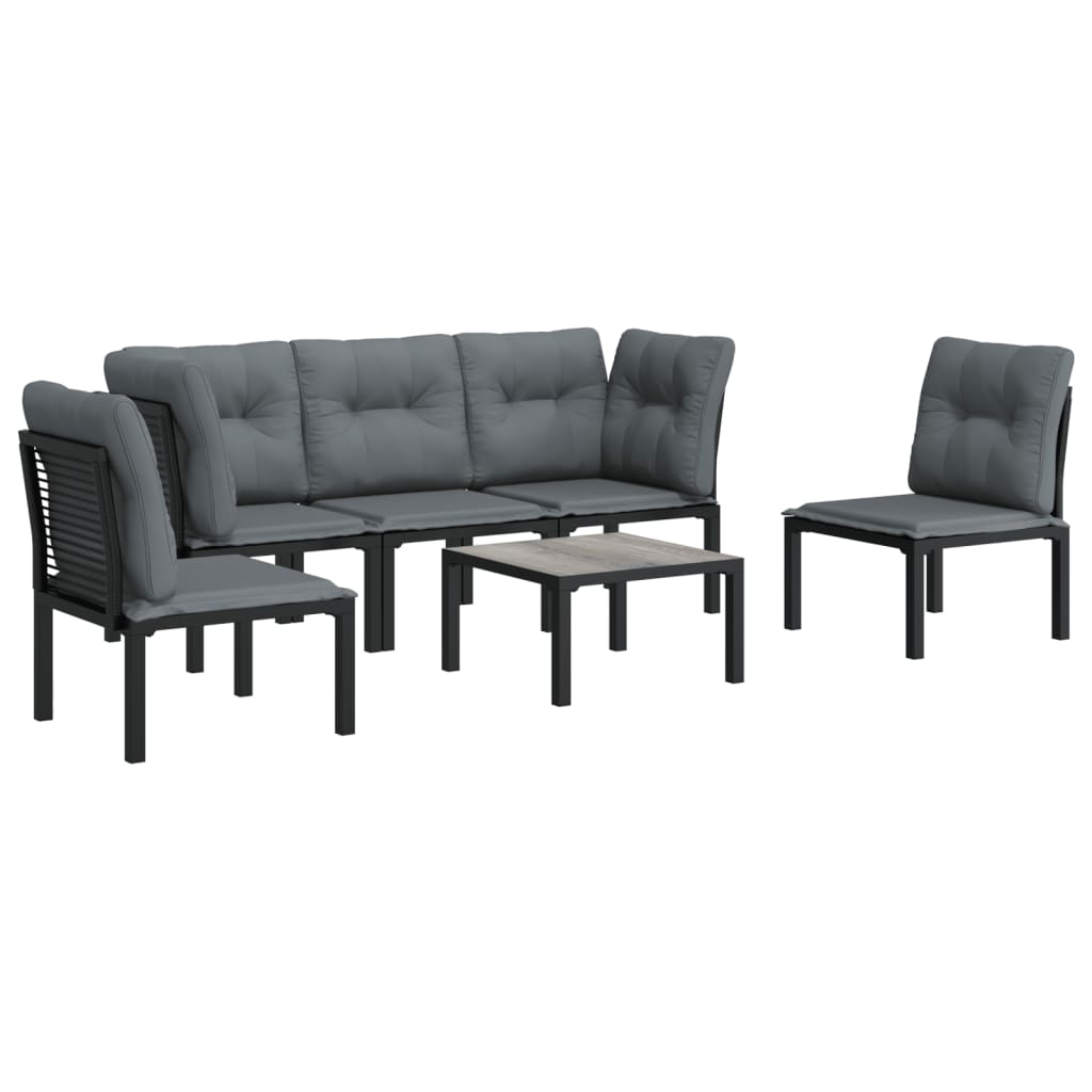 6-Delige Loungeset Poly Rattan Zwart En Grijs 1 2x hoek + 3x midden + Tafel
