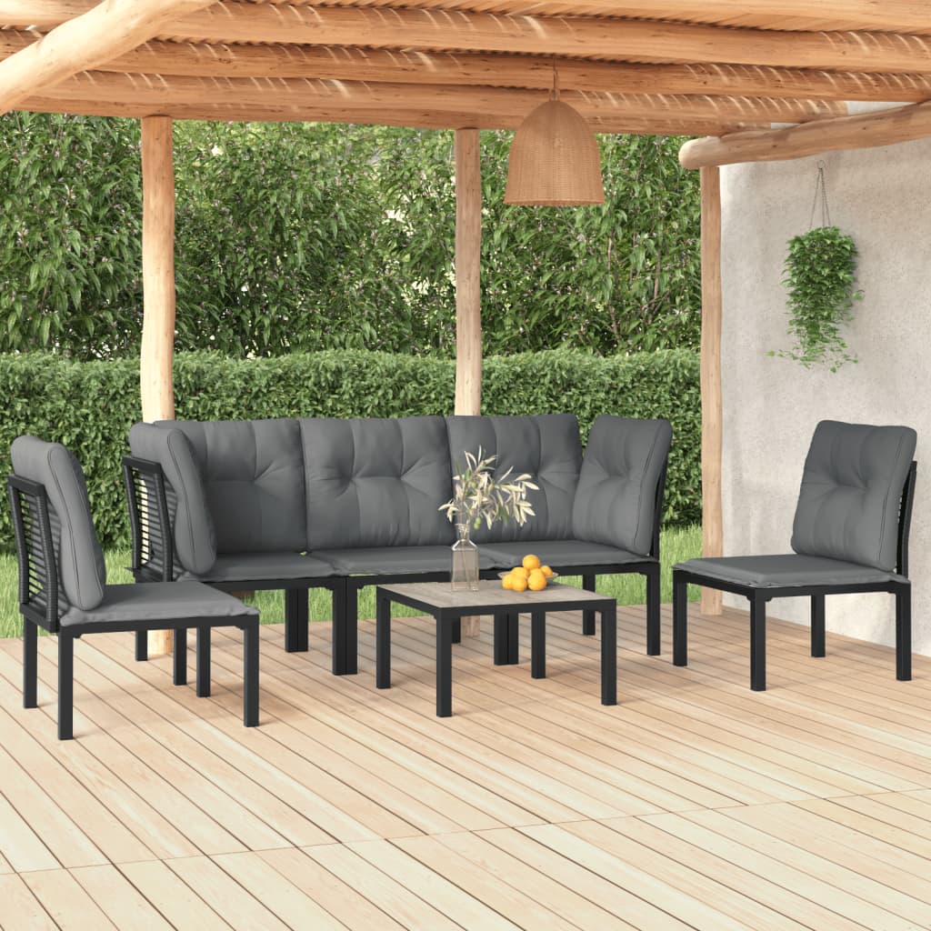 6-Delige Loungeset Poly Rattan Zwart En Grijs 1 2x hoek + 3x midden + Tafel