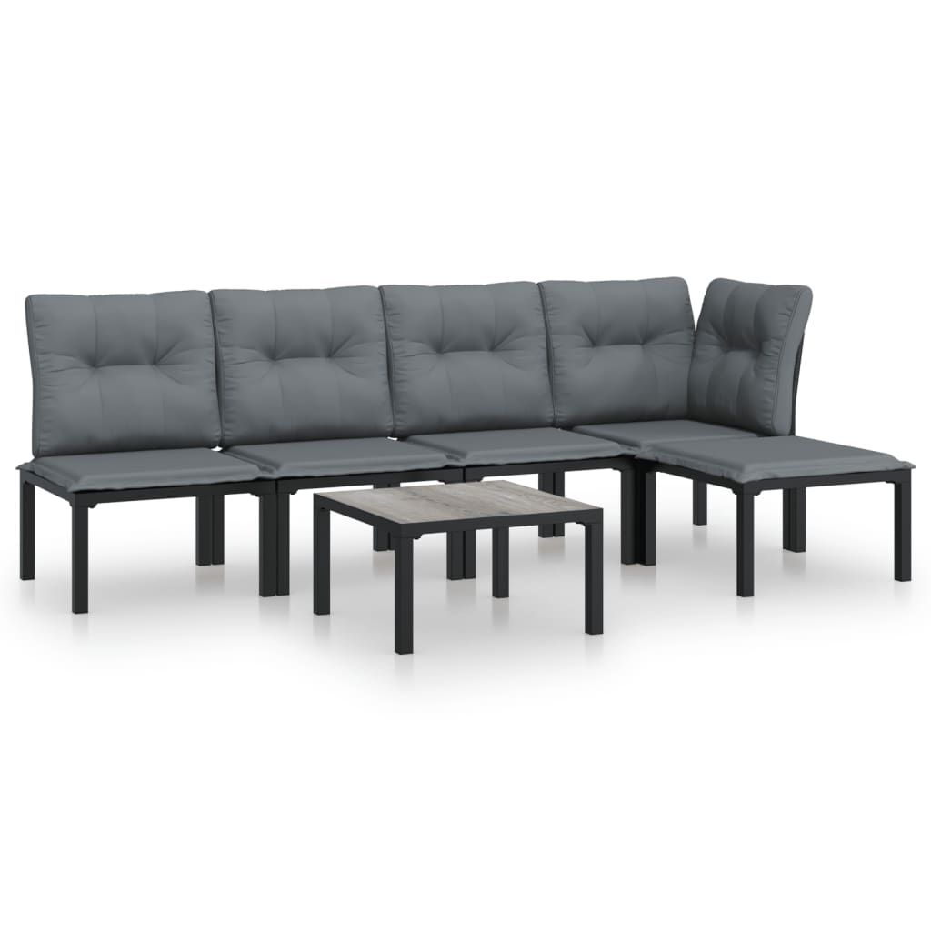 6-Delige Loungeset Poly Rattan Zwart En Grijs 1 hoek + 3x midden + voetensteun + Tafel