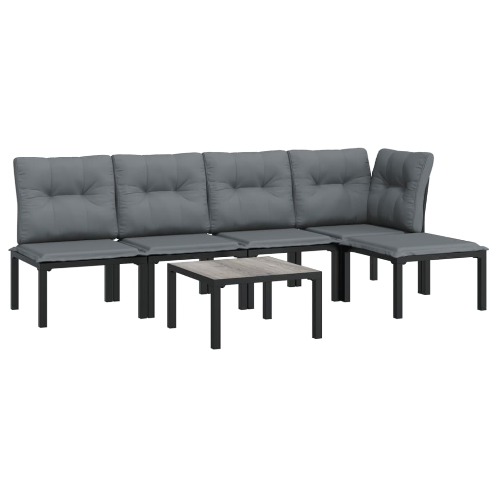 6-Delige Loungeset Poly Rattan Zwart En Grijs 1 hoek + 3x midden + voetensteun + Tafel