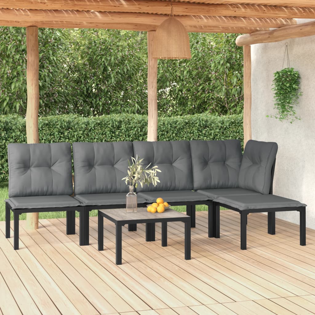 6-Delige Loungeset Poly Rattan Zwart En Grijs 1 hoek + 3x midden + voetensteun + Tafel