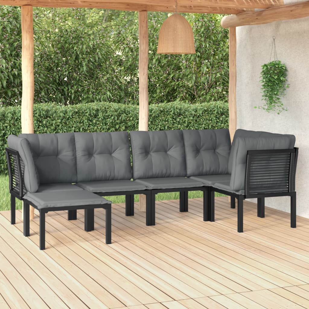 6-Delige Loungeset Poly Rattan Zwart En Grijs 1 3x hoek + 2x midden + voetensteun