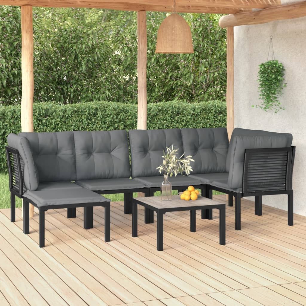 7-Delige Loungeset Poly Rattan Zwart En Grijs 1 3x hoek + 2x midden + voetensteun + Tafel