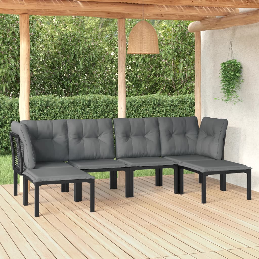 6-Delige Loungeset Poly Rattan Zwart En Grijs 1 2x hoek + 2x midden + 2x voetensteun