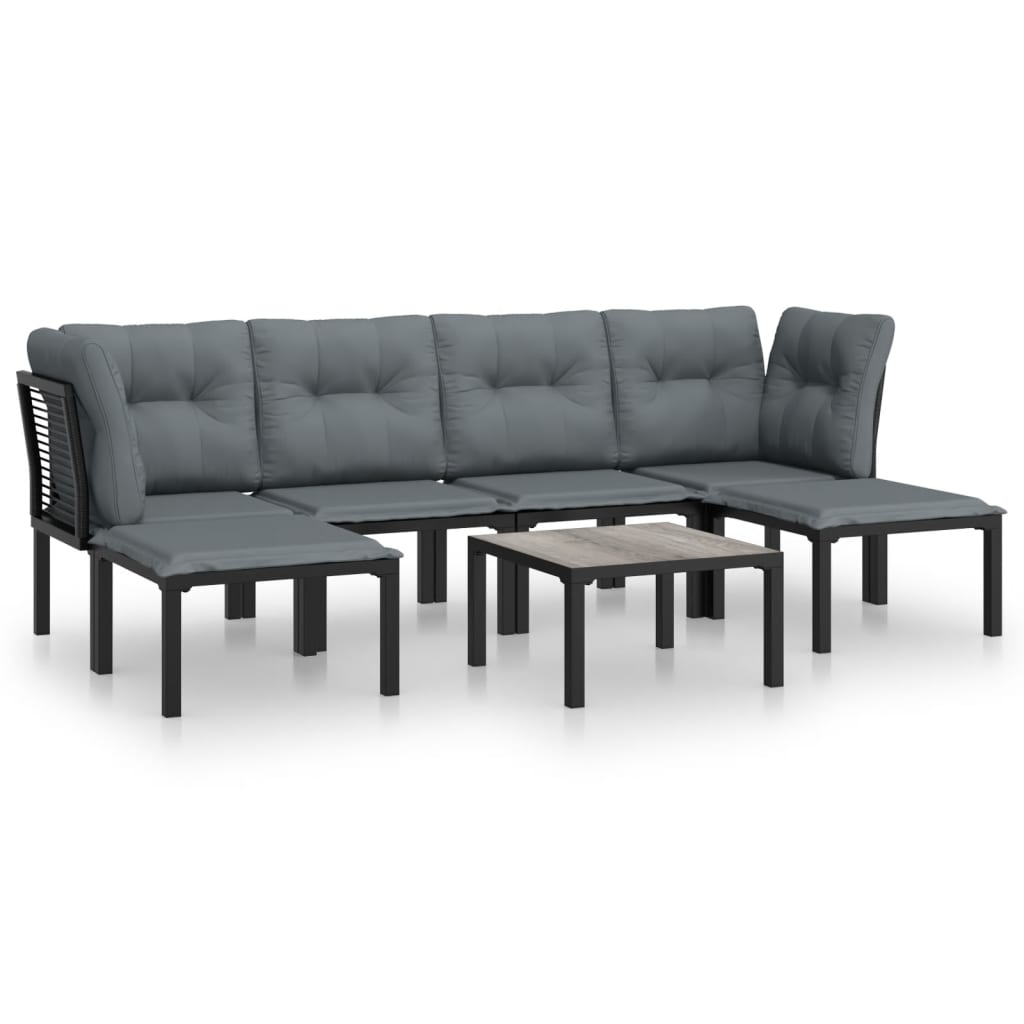 7-Delige Loungeset Poly Rattan Zwart En Grijs 1 2x hoek + 2x midden + 2x voetensteun + Tafel