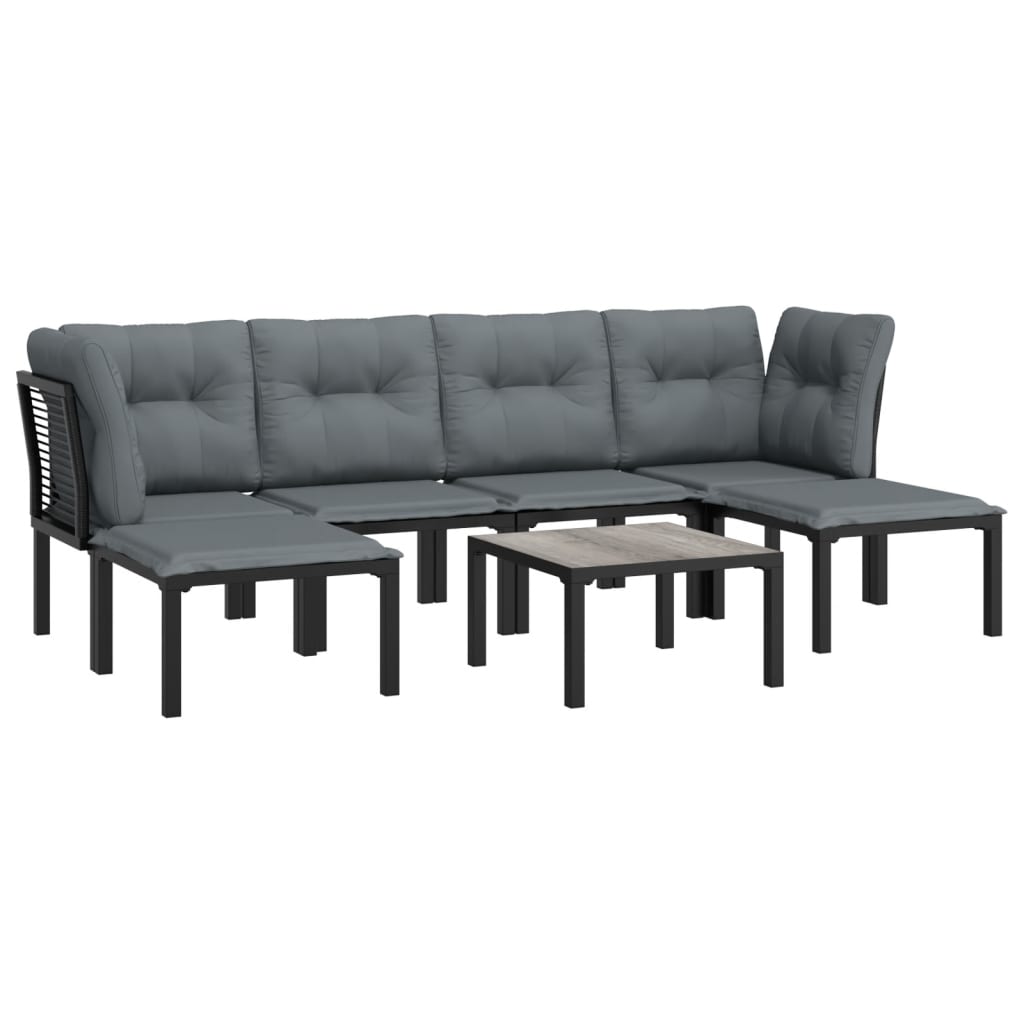 7-Delige Loungeset Poly Rattan Zwart En Grijs 1 2x hoek + 2x midden + 2x voetensteun + Tafel