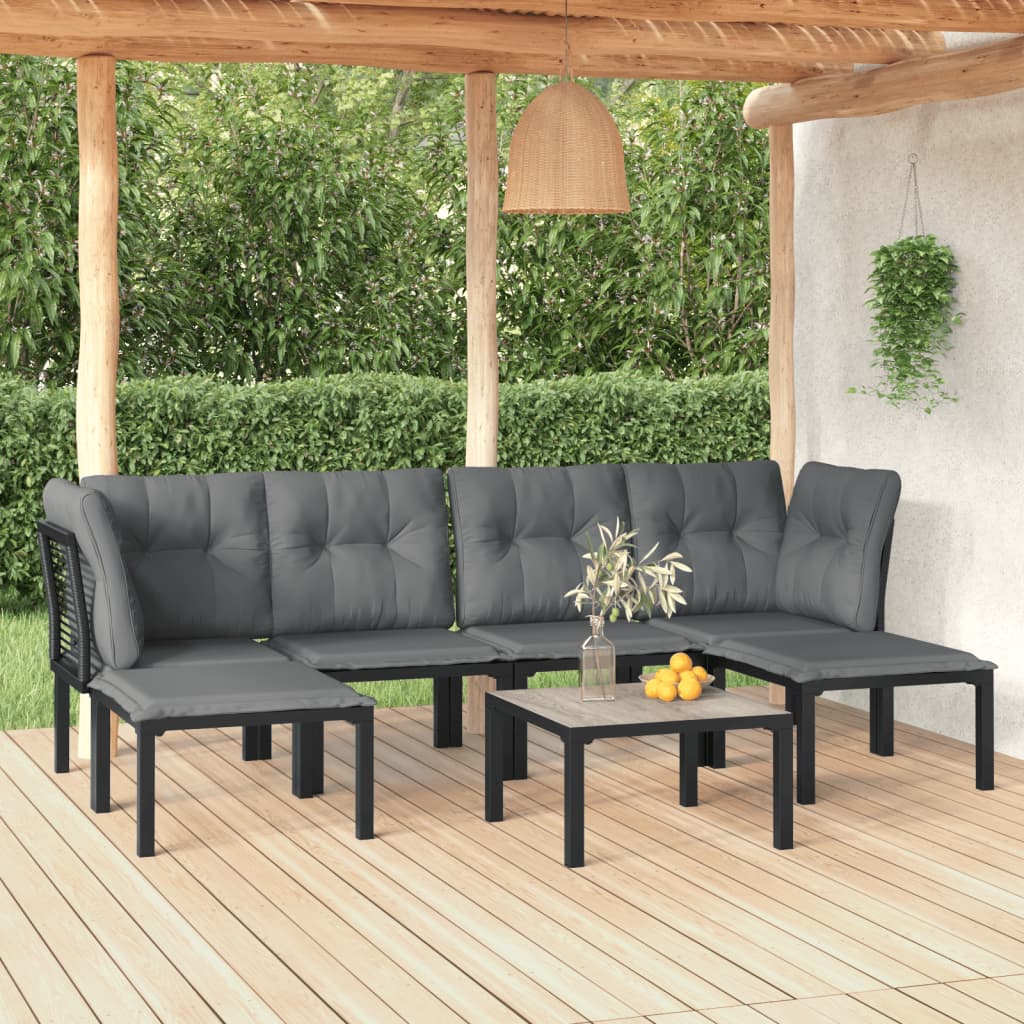 7-Delige Loungeset Poly Rattan Zwart En Grijs 1 2x hoek + 2x midden + 2x voetensteun + Tafel