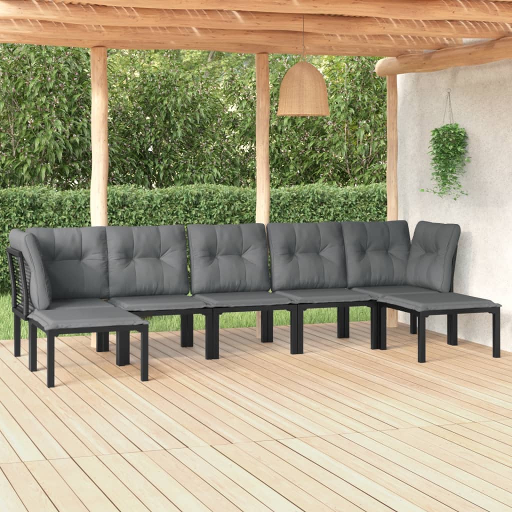 7-Delige Loungeset Poly Rattan Zwart En Grijs 1 2x hoek + 3x midden + 2x voetensteun