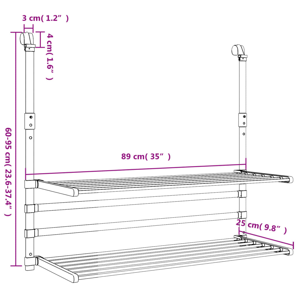 Droogrek voor balkon 89x25x(60-95) cm aluminium