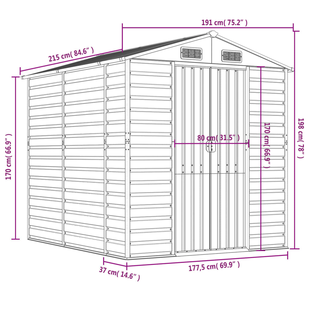 Tuinschuur 191x215x198 cm gegalvaniseerd staal antracietkleurig