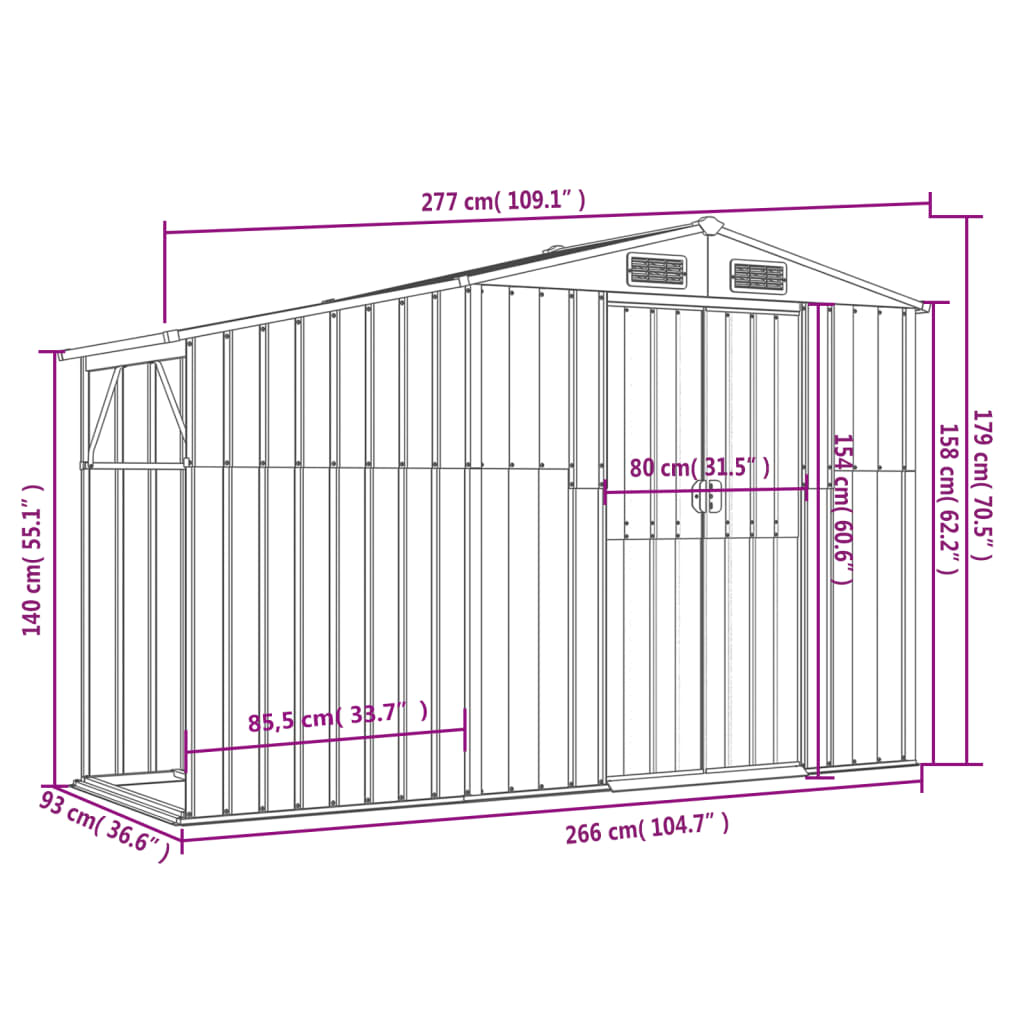 Tuinschuur Gegalvaniseerd Staal 277 x 93 x 179 cm Grijs