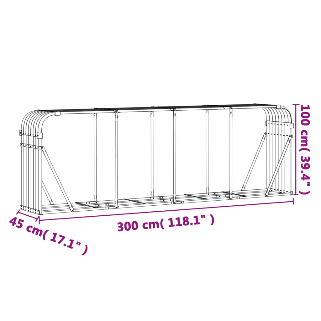 Haardhoutopslag 300X45X100 Cm Gegalvaniseerd Staal Zilverkleur 300 x 45 x 100 cm