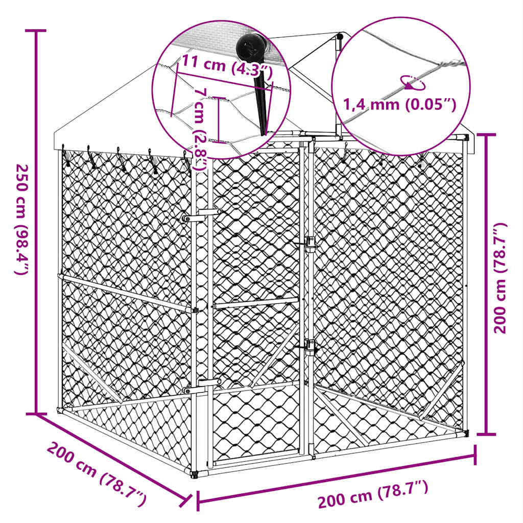 Hondenkennel met dak 2x2x2,5 m gegalvaniseerd staal zilver