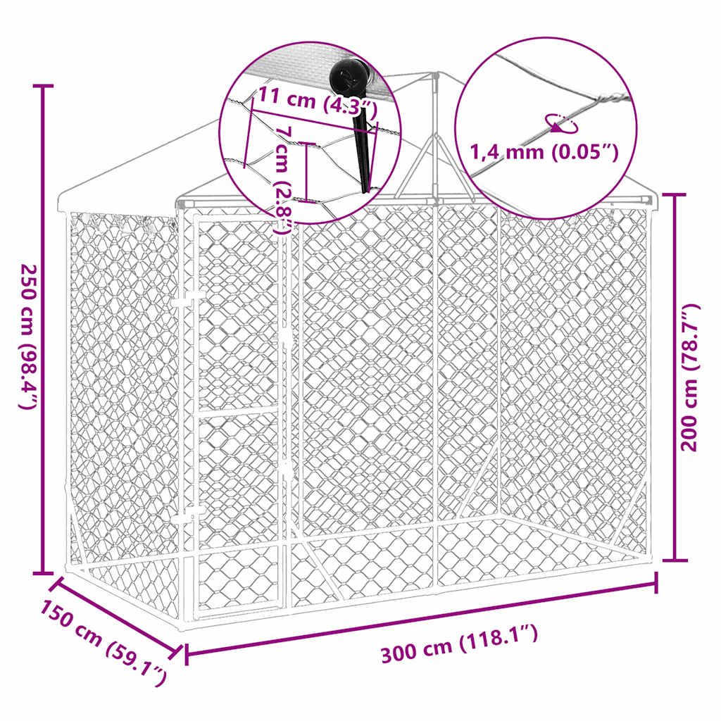 Hondenkennel met dak 3x1,5x2,5 m gegalvaniseerd staal zilver