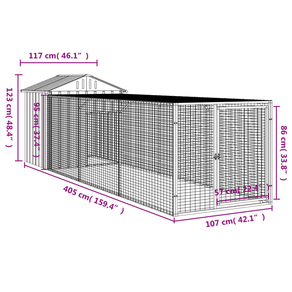 Kippenhok Met Ren 117X405X123 Cm Staal Lichtgrijs 117 x 405 x 123 cm