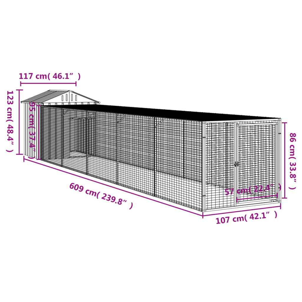 Kippenhok Met Ren 117X609X123 Cm Staal Lichtgrijs 117 x 609 x 123 cm