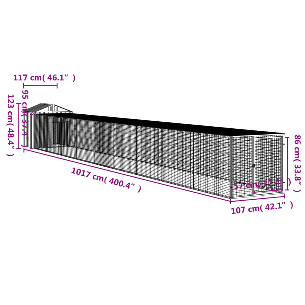 Kippenhok Met Ren 117X1017X123 Cm Staal Lichtgrijs 117 x 1017 x 123 cm