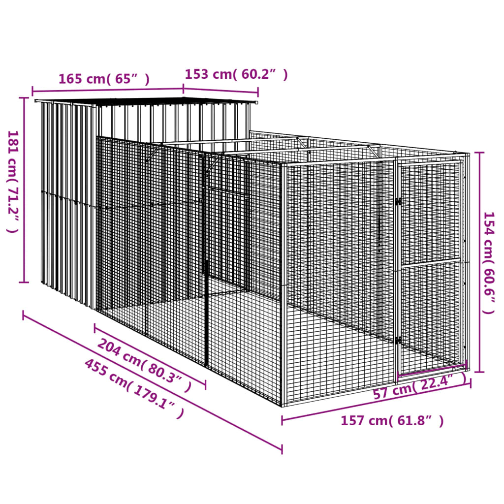 Hondenhok Met Ren 165X455X181 Cm Gegalvaniseerd Staal Antraciet 165 x 455 x 181 cm