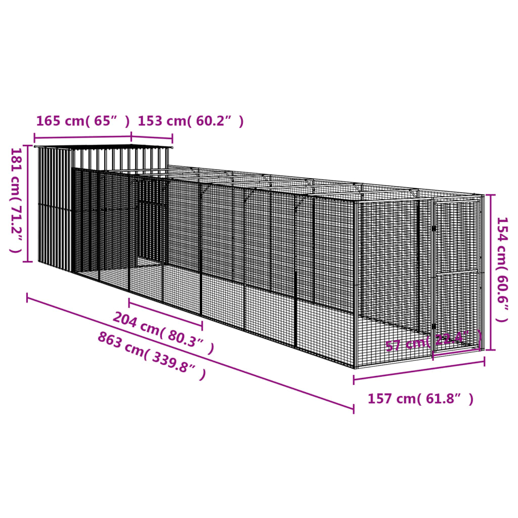 Hondenhok Met Ren 165X863X181 Cm Gegalvaniseerd Staal Antraciet 165 x 863 x 181 cm