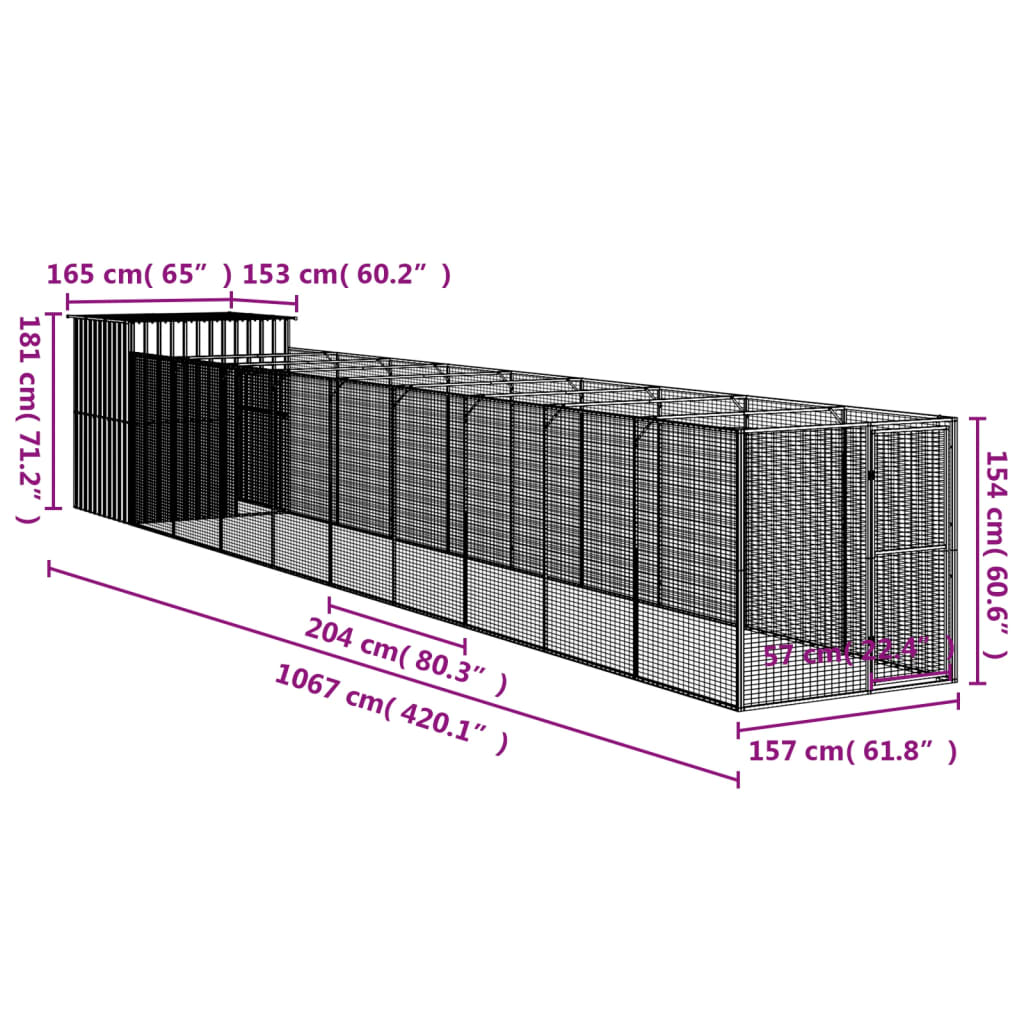 Hondenhok Met Ren 165X1067X181 Cm Staal Antraciet 165 x 1067 x 181 cm