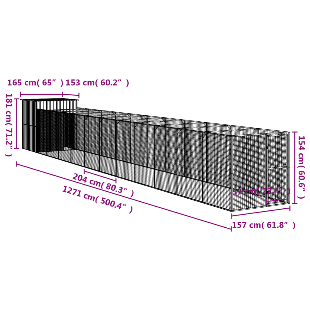 Hondenhok Met Ren 165X1271X181 Cm Staal Antraciet 165 x 1271 x 181 cm