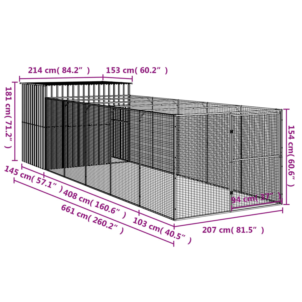 Hondenhok Met Ren 214X661X181 Cm Staal Lichtgrijs 214 x 661 x 181 cm