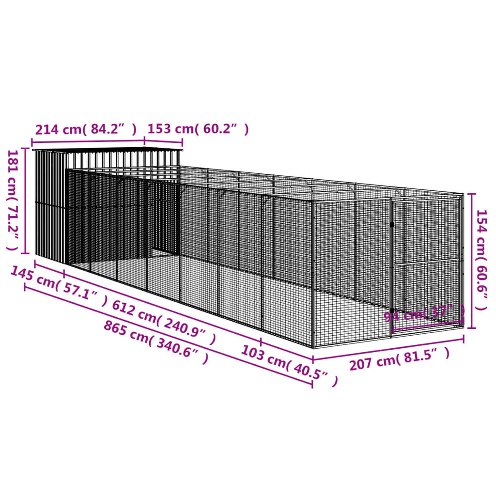 Hondenhok Met Ren 214X865X181 Cm Staal Lichtgrijs 214 x 865 x 181 cm