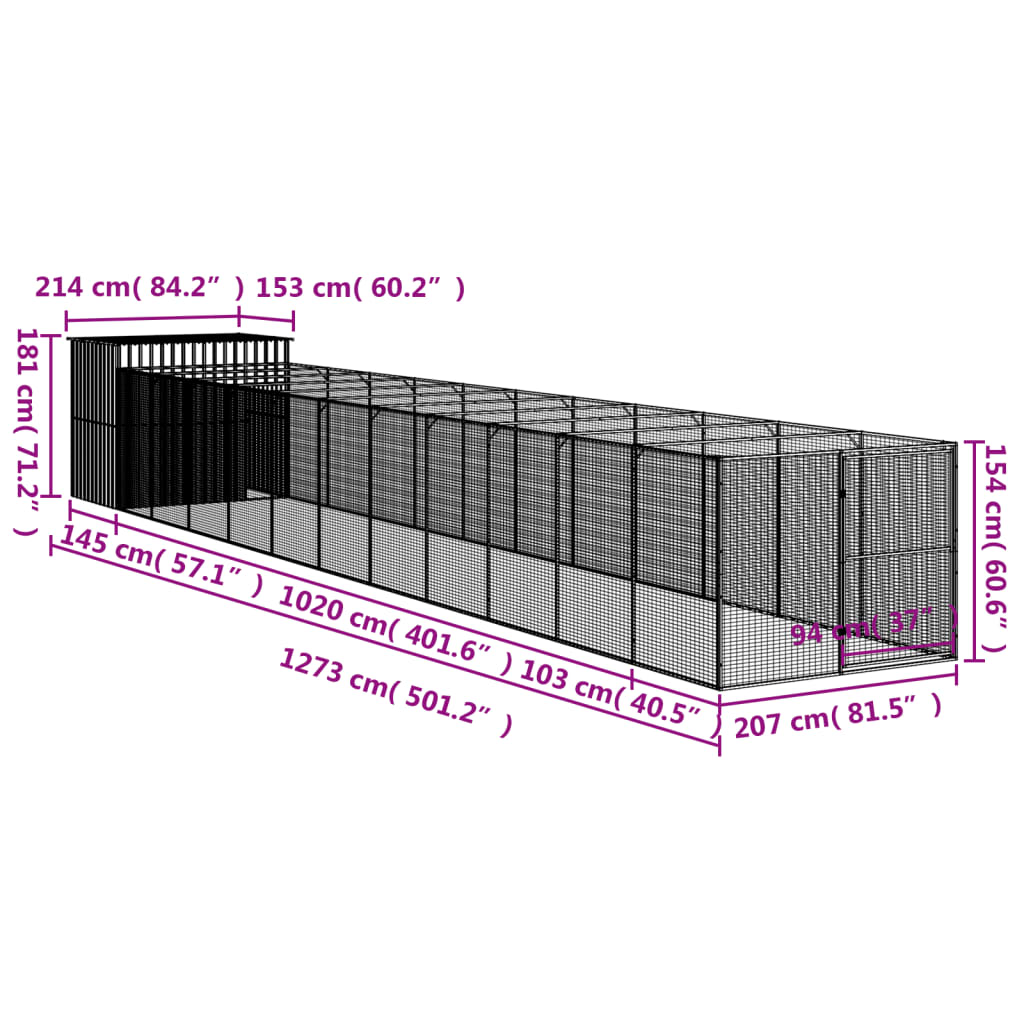 Hondenhok Met Ren 214X1273X181 Cm Staal Lichtgrijs 214 x 1273 x 181 cm