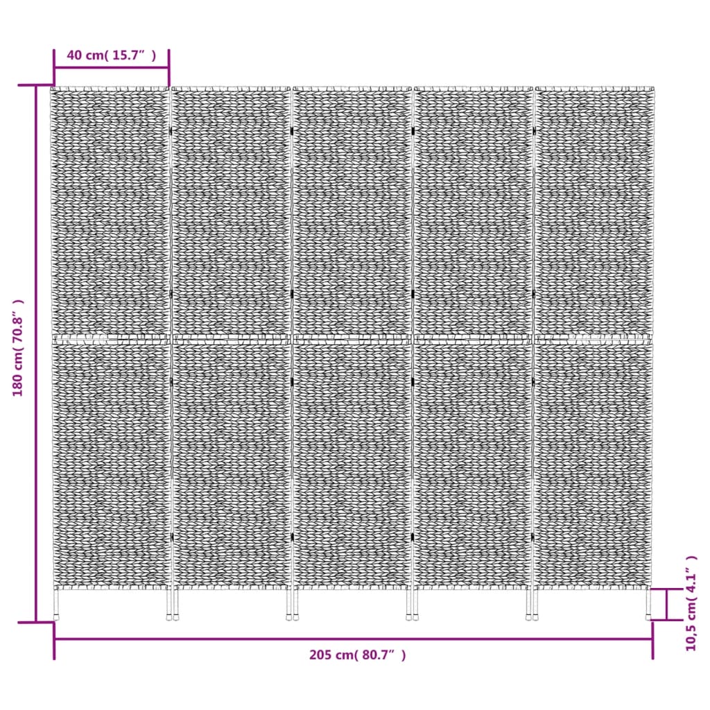 Kamerscherm met 5 panelen 205x180 cm waterhyacint zwart