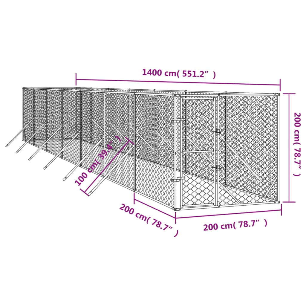 Hondenkennel voor buiten 2x14x2 m gegalvaniseerd staal zilver