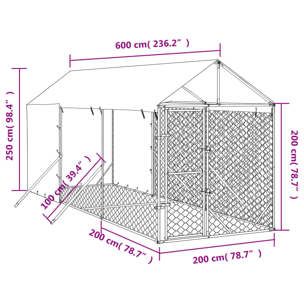 Hondenkennel met dak 2x6x2,5 m gegalvaniseerd staal zilverkleur