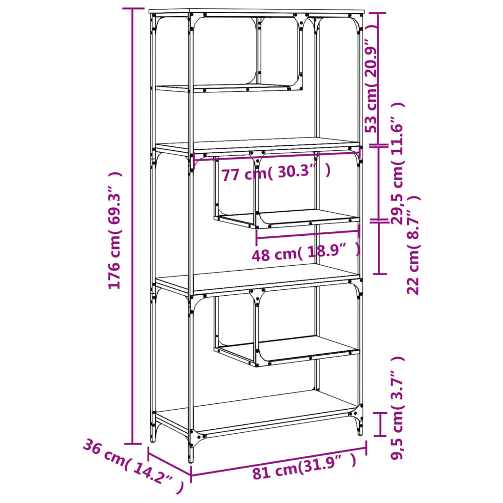 Boekenkast 81X36X176 Cm Bewerkt Hout Bruin Eikenkleur