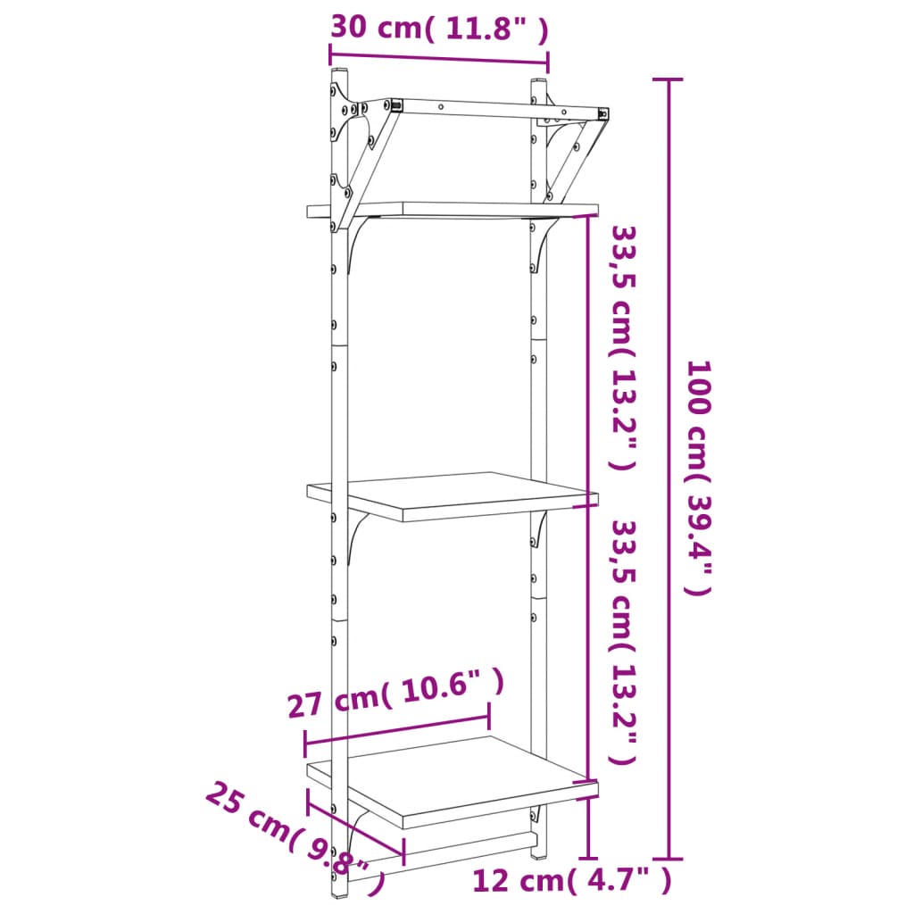 Wandschappen 3-Laags Met Stangen 2 St 30X25X100 Cm Grijs Sonoma 30 x 25 x 100 cm